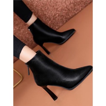 細跟短靴女尖頭2025秋冬季新款百搭高跟鞋女后拉鏈黑色馬丁靴裸靴