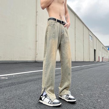 黃泥染牛仔褲男款潮牌直筒修身春秋美式高街vibe水洗做舊微喇叭褲