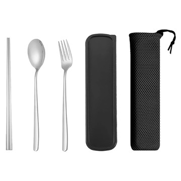 歐風便攜餐具 筷叉勺三件組 304不鏽鋼材質  筷子 + 餐叉 + 湯匙 + 收納袋 + 收納盒  銀色  1組