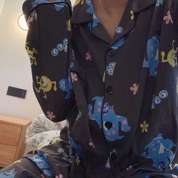 暗黑系情侶睡衣女秋冬季純棉長袖男士寬松開衫大眼仔家居服春秋款