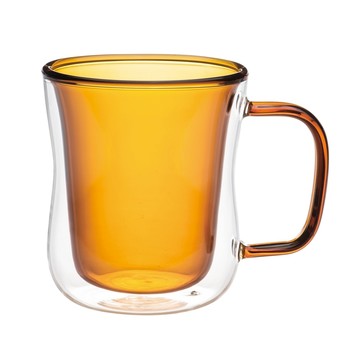 Caldo 卡朵生活 恬靜雙層隔熱撞色有柄玻璃杯 380ml  琥珀  1個
