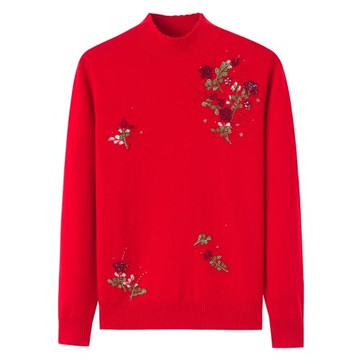 中老年羊絨衫女半高領嵌花長袖大碼秋冬保暖針織衫毛衣毛衫K85