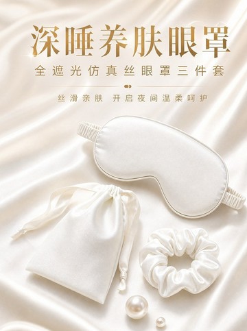 可開發票☆【臺灣優選】💕仿真丝眼罩出差坐車緩解疲勞三件套遮光不压眼护发发圈便携收纳袋套装节日眼罩