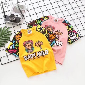 2025夏季新款精美小猴子卡通印花迷彩短袖純棉圓領時尚洋氣T恤衫