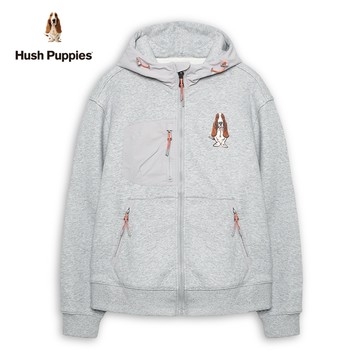 Hush Puppies 外套 男裝簡約異材質拼接刺繡狗休閒連帽外套