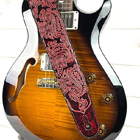 Walker Williams Handmade Fire Wine Red Padded Leather Guitar Strap with Vintage Paisley Pattern For Acoustic, Electric, And Bass Guitars GB-30