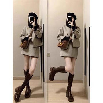 大碼顯瘦高級感小香風套裝女秋冬胖mm加厚毛呢短外套半身裙兩件套