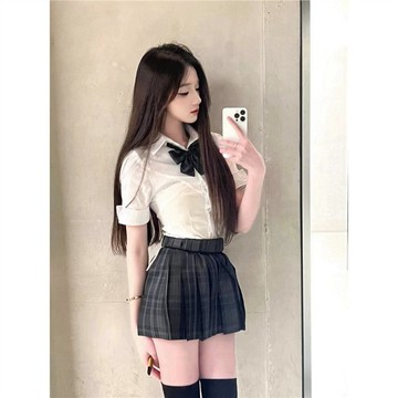 原創純欲風收腰短袖襯衫女顯瘦修身上衣百搭jk制服裙復古氣質套裝