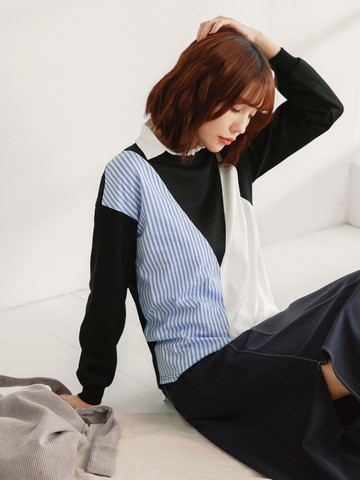 條紋拼接寬鬆長袖大學T