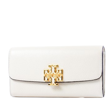 TORY BURCH BRITTEN 鏤空LOGO荔枝紋磁釦翻蓋長夾-象牙白