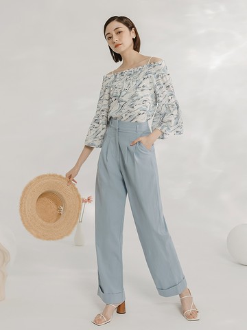 棉質反摺純色直筒褲