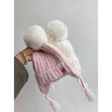 日單愛心刺繡兒童毛線帽毛球護耳帽女童淺粉色保暖雷鋒帽加絨帽子