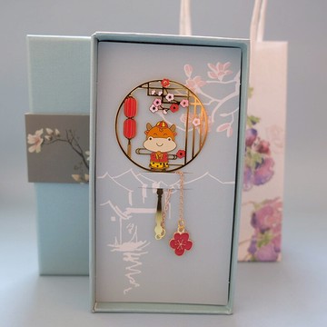 牛年紀念金屬書簽中國風古典文藝禮品團扇流蘇刻字盒裝新年禮物