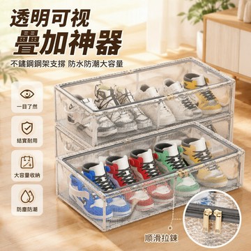 台灣出貨 38L升級PVC鞋盒 雙拉鍊收納箱 加厚網格佈防塵罩 內置鋼架穩固結構 透明視窗方便拿取 臥室牀底鞋櫃整理