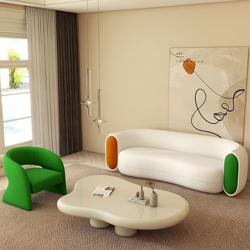 【含稅/免運】 小戶型網紅款弧形沙發客廳創意貓爪布藝羊羔絨奶油風異形茶幾組合