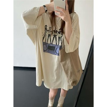 sun柚 竹節棉樂隊T斜肩多穿法寬松T恤裙落肩袖中長款短袖裙子