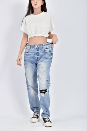 (XL) amiri高腰質感丹寧牛仔棉質潑墨刷破藍色長褲