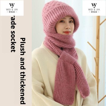 【唯家】秋冬季保暖針織毛線帽 媽媽刷毛帽子 圍巾一件式套裝奶奶帽 中老年帽 女針織帽 鳳梨帽