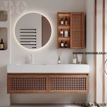 免運 可開發票 【破損包賠】日式侘寂原木風可麗耐一體盆藤編浴室櫃組合浴櫃組巖板陶瓷洗手洗漱臺盆BOW16