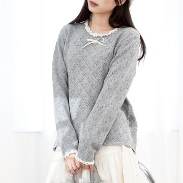 領口袖口拼接蕾絲設計毛衣102639