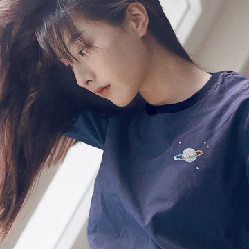 Saturn-Embroidery// 棉麻上衣女式襯衫 - 深藍色