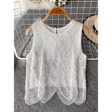 重工釘珠亮片無袖背心女2025夏新款設計感不規則弧形修身顯瘦上衣