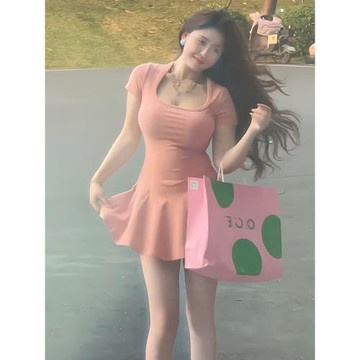 大碼女裝純欲辣妹修身u領連衣裙夏季新款胖mm遮肉顯瘦內搭a字裙子