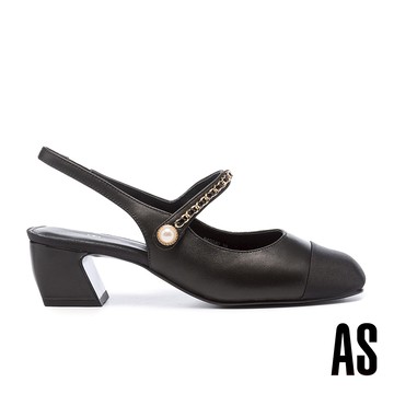 AS 別致優雅珍珠皮鍊羊皮後繫帶方頭高跟鞋－黑