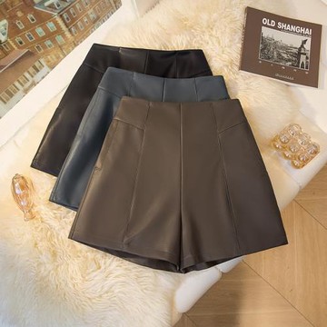 質感PU皮短褲女2024秋冬新款高腰a字皮褲闊腿褲外穿顯瘦百搭靴褲