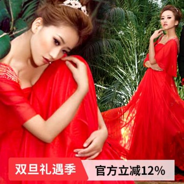 季末特惠 天使嫁衣紅色短袖中袖婚紗禮服晚裝長款敬酒服 628批發