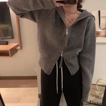 灰色短款連帽雙拉鏈針織衫小眾外套毛衣內搭打底衫上衣女開衫帽衫