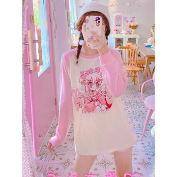 2024秋季多巴胺粉色馬卡龍純棉中長款衛衣甜美減齡美少女寬松上衣