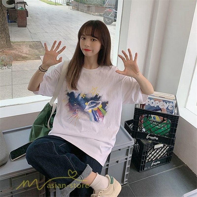 レディースカットソー着痩せtシャツ丸首トップスプリント韓国風夏コーデカジュアルtシャツゆったり夏新作上品おしゃれロング丈 通販 Lineポイント最大get Lineショッピング