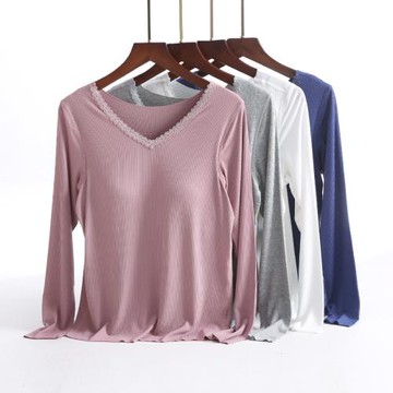 秋冬季款莫代爾薄款帶胸墊長袖秋衣睡衣上裝t恤V領無痕保暖打底衫