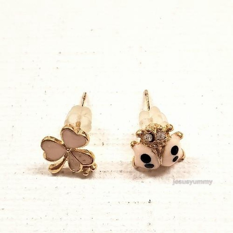 タイ輸入】 ピアス てんとう虫 クローバー モチーフ ホワイト ゴールド