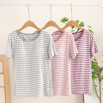 帶胸墊T恤女夏季莫代爾夏款防凸點居家服短袖條紋單件上衣打底衫