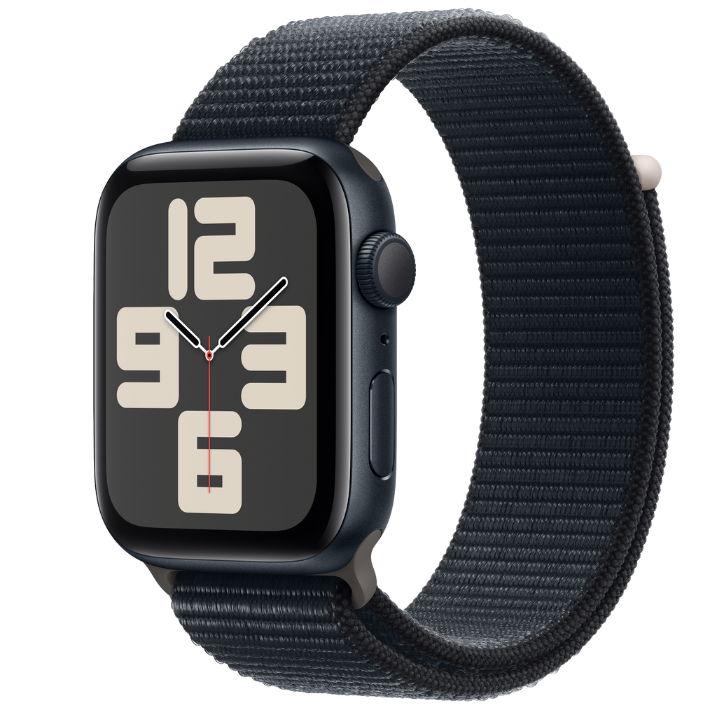 Apple Watch SE (GPS)；44 公釐午夜色鋁金屬錶殼；午夜色運動型錶環