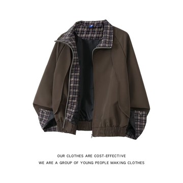 復古格紋拼接假兩件翻領夾克男美式潮流寬鬆百搭外套男