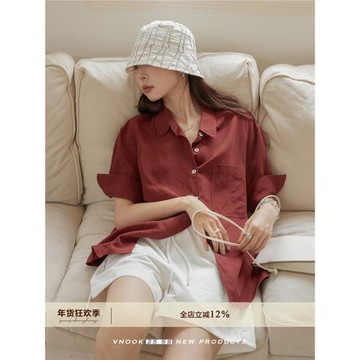 VNOOK 亞麻翻折袖口短袖襯衫女2025夏季新款寬松休閑通勤純色襯衣