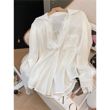 2025春夏簡約風高級感白色假兩件蕾絲拼接西裝長袖寬松襯衫上衣女