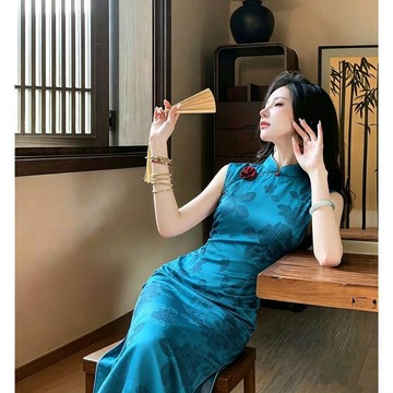 限時秒殺價💰 旗袍 無袖長款 修身收腰 國風改良 玲瓏雀藍 清冷風 網紅款 女裝 F3XS
