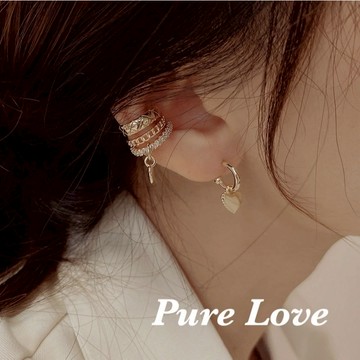 Pure Love樂芙 /正韓 【E0914】韓系簡約三層鋯石幾何愛心耳夾 耳骨夾(無耳洞)單只 / 金
