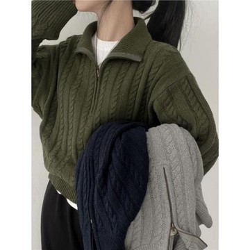 韓國chic秋冬厚實針織上衣女復古麻花半拉鏈慵懶百搭短款毛衣外套
