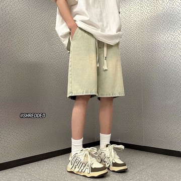 美式復古黃泥染牛仔褲男款夏季薄款抽繩中褲大碼高街潮牌五分褲子超彈性工作褲 工作短褲 寬鬆工作短褲 冰絲工作短褲 加厚工作