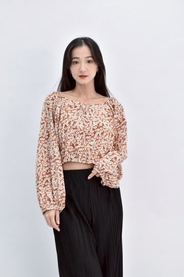 (S) mercci22質感花花橘色短袖上衣