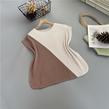 三宅褶皺上衣女夏季新款短袖t恤洋氣設計感女裝寬松無袖背心馬甲