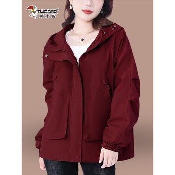 啄木鳥春秋外套女2025新款時尚洋氣寬松風衣連帽百搭大碼夾克上衣