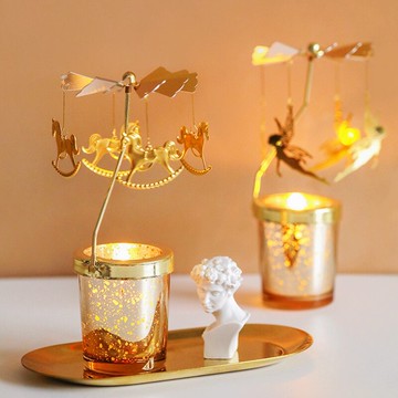 北歐浪漫旋轉走馬燈燭臺燭光晚餐道具家用蠟燭托盤圣誕節輕奢擺件