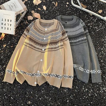 韓系簡約冬日圓領厚實毛衣男費爾島提花針織小外套男