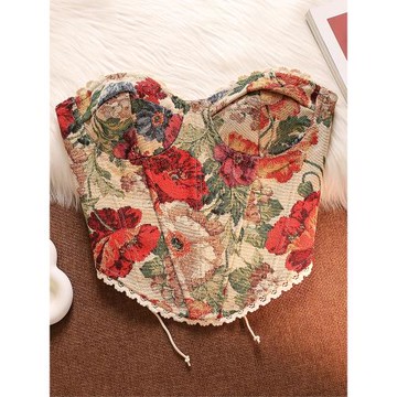 性感碎花魚骨束腰吊帶背心夏季宮廷風甜辣風修身抹胸上衣女高級感